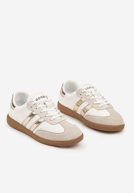 Biało-Złote Sneakersy ze Skóry Naturalnej na Płaskiej Podeszwie Wykończone Paskami Navinda