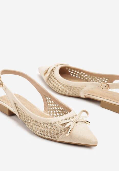 Beżowe Sandały Balerinki z Plecionki ze Szpiczastym Noskiem i Kokardką Leawenne