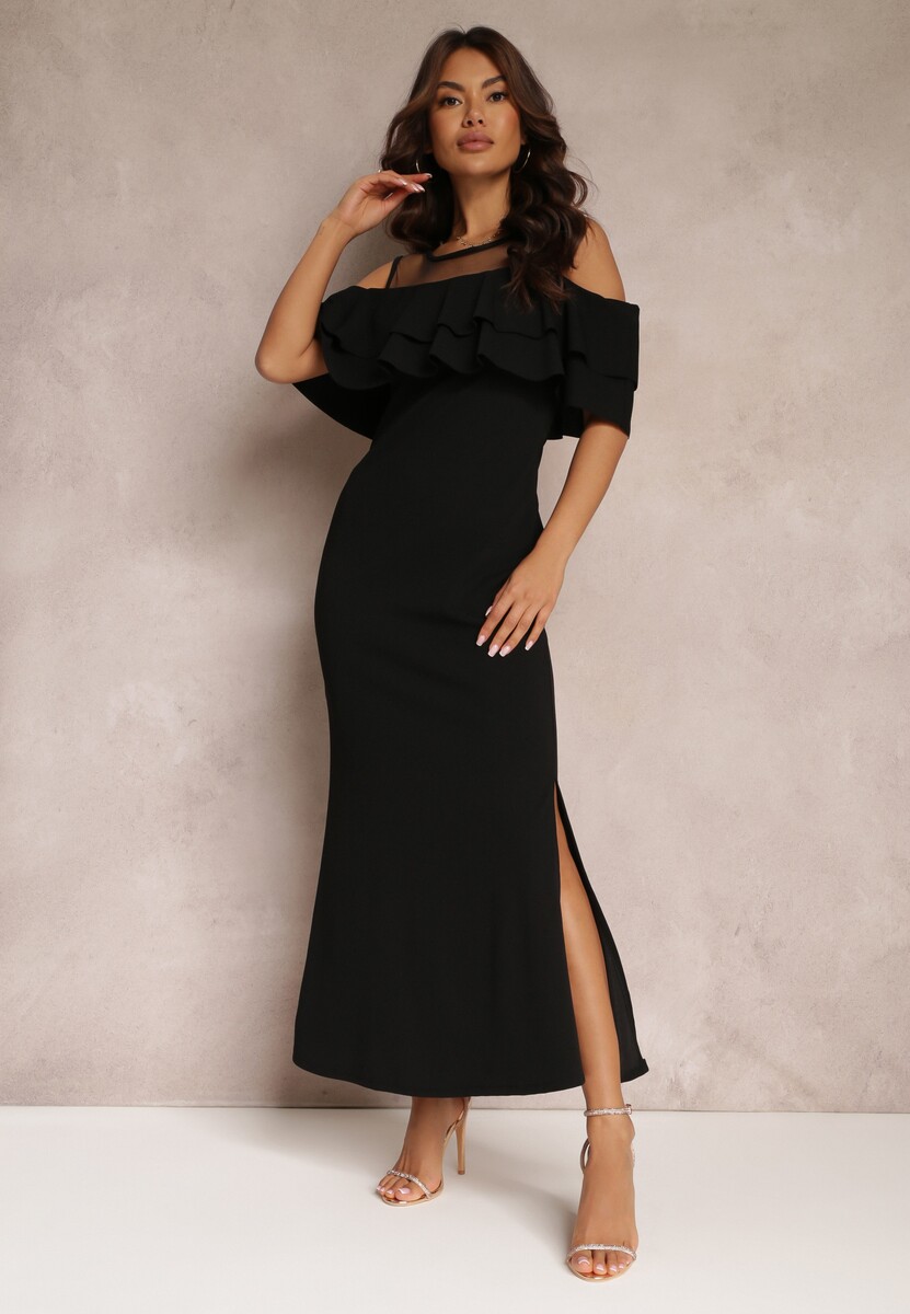 Czarna Sukienka Taliowana z Falbanką Lariphelia