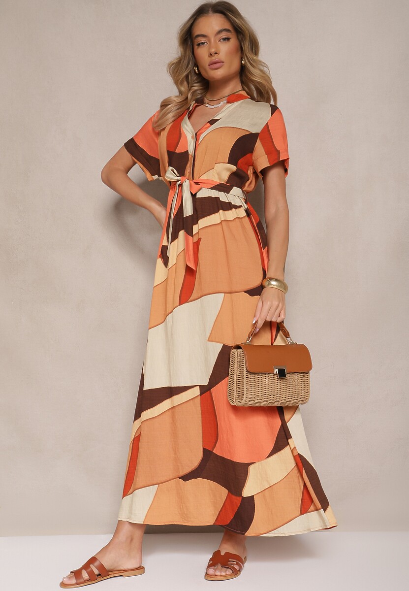 Zielona Wiskozowa Sukienka Koszulowa z Paskiem w Geometryczny Print Falintia