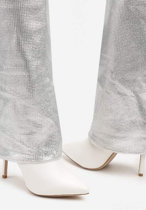 Białe Cyrkoniowe Kozaki na Obcasie Typu Szpilka z Cholewką Imitującą Nogawkę Valentila