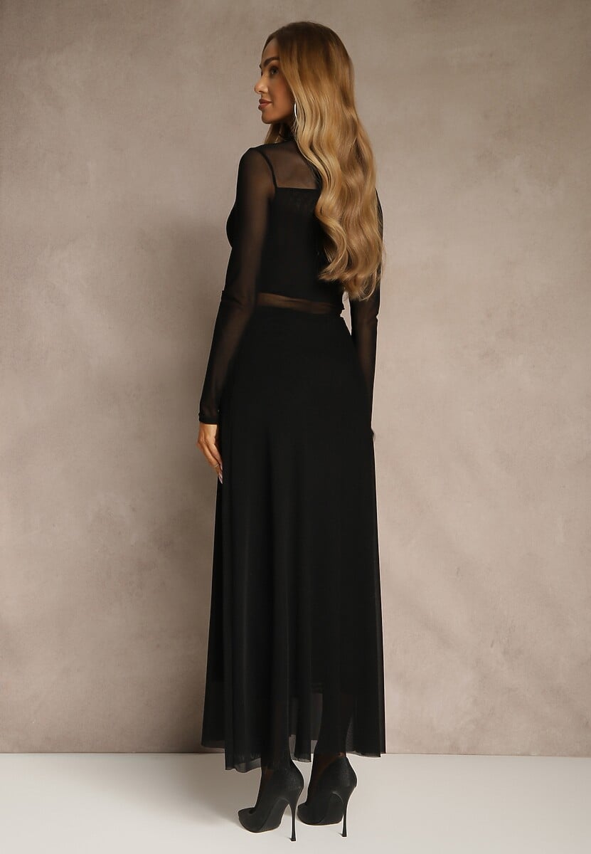 Czarna Rozkloszowana Sukienka Longsleeve z Siateczki z Dodatkiem Wiskozy Eprella