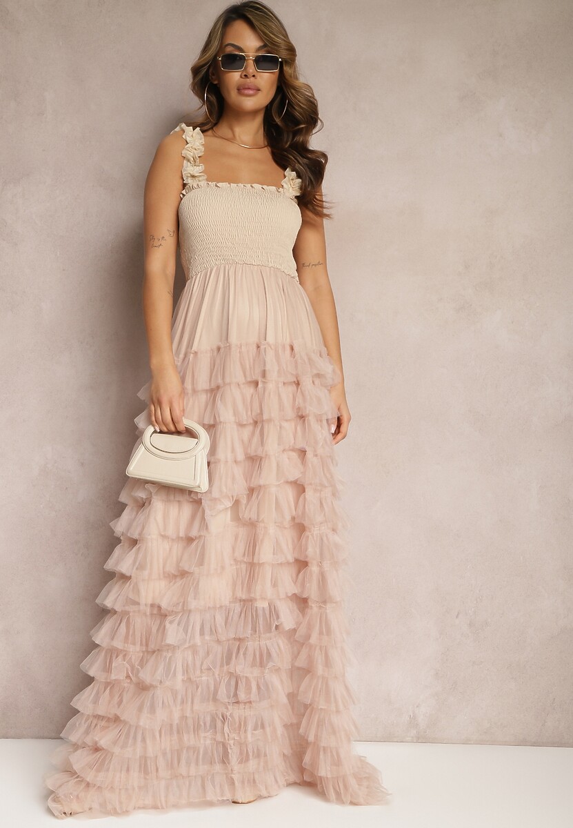 Beżowa Koktajlowa Sukienka Maxi z Tiulowymi Falbankami Amiusa