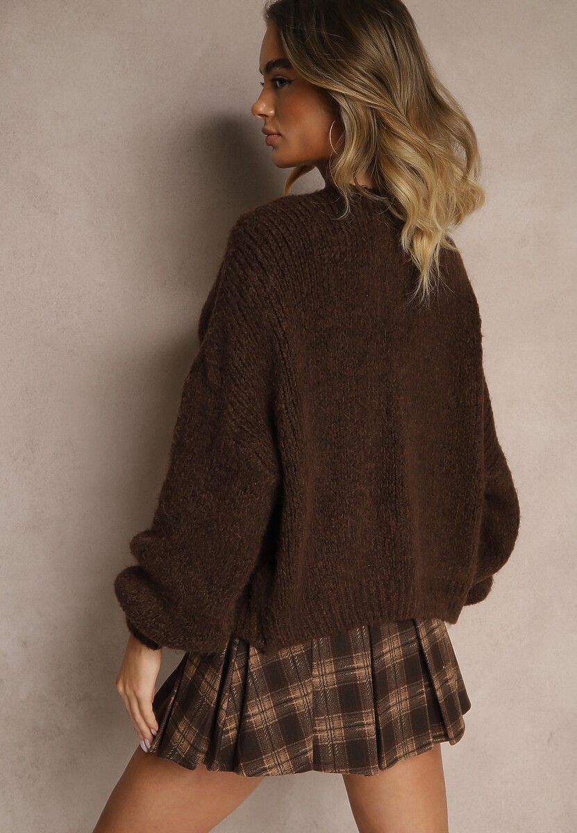 Brązowy Kardigan z Wełną o Kroju Oversize z Wiązanymi Kokardami Elearina