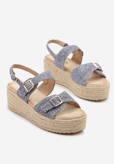 Niebieskie Sandały na Koturnie z Plecionką i Klamrami Saroti