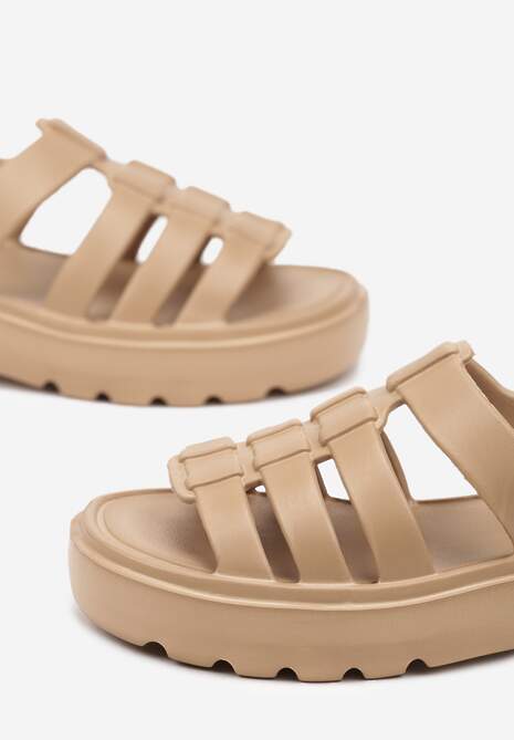 Ciemnobeżowe Sandały z Pianki na Platformie z Ozdobnymi Paskami Dimiah