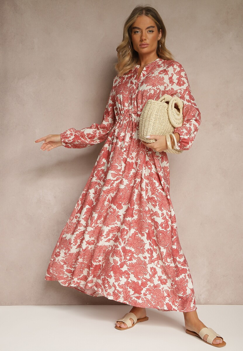 Różowa Kwiecista Sukienka z Wiskozą o Rozkloszowanym Kroju Filennea