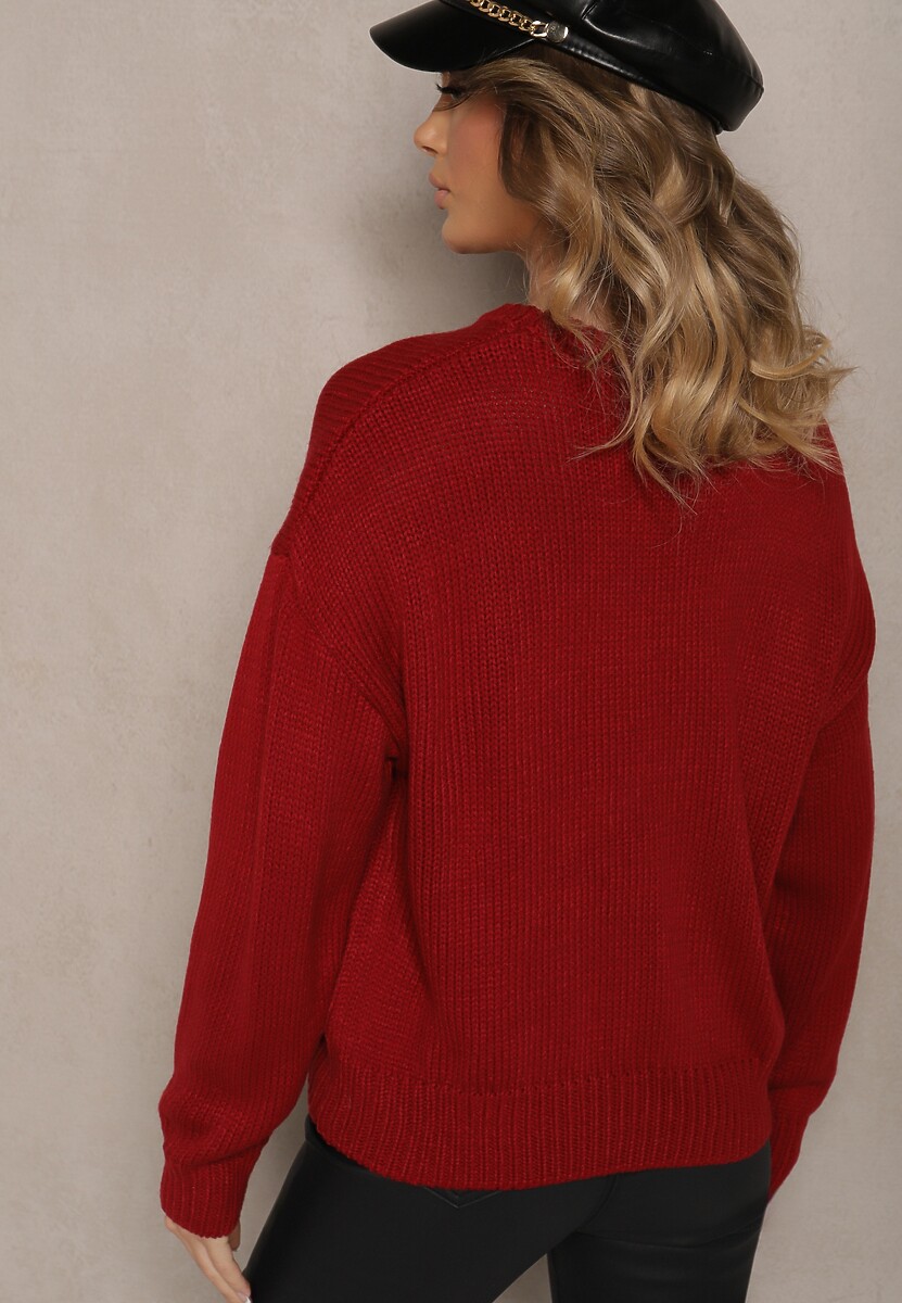 Bordowy Wiskozowy Sweter z Cekinami i Motywem Misia Nyrimi