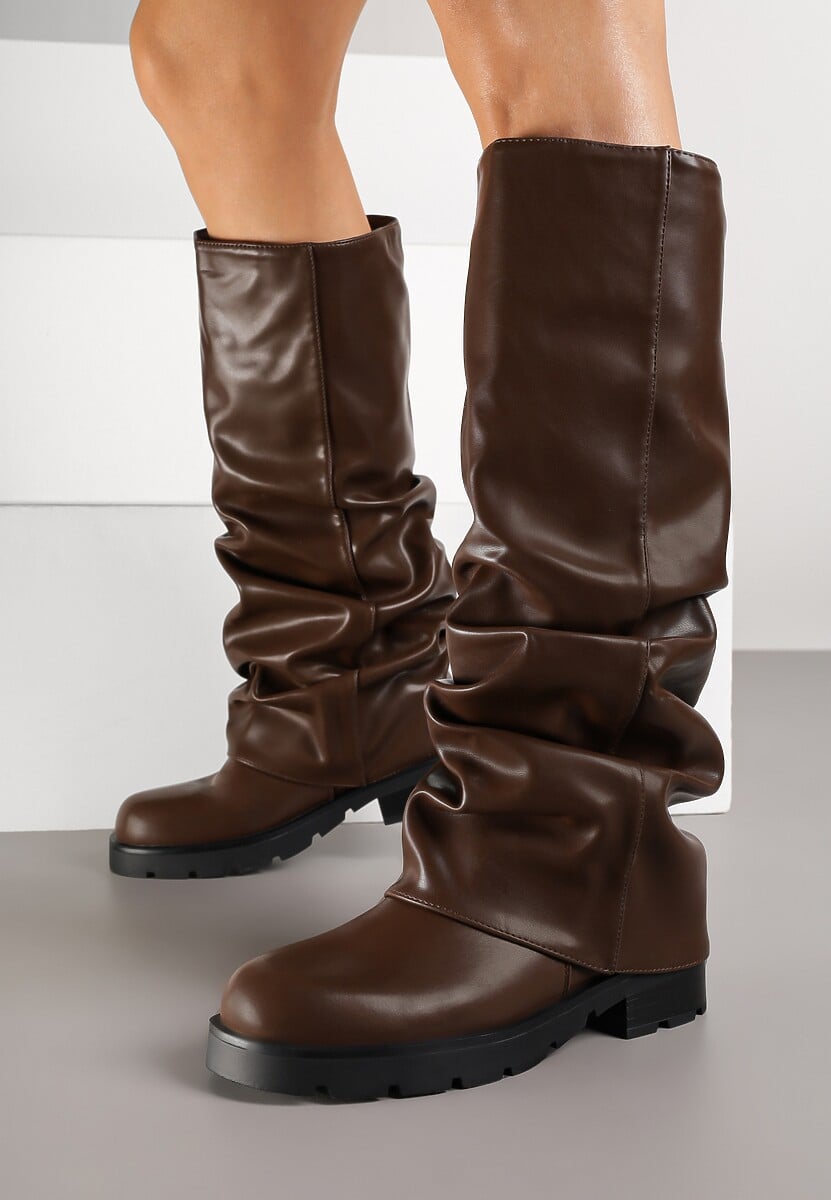 Brązowe Marszczone Kozaki z Cholewką Imitującą Nogawkę Nalomassa