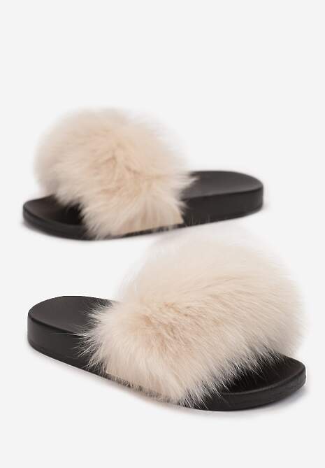 Jasnobeżowe Klapki z Futrem Turtlefeather