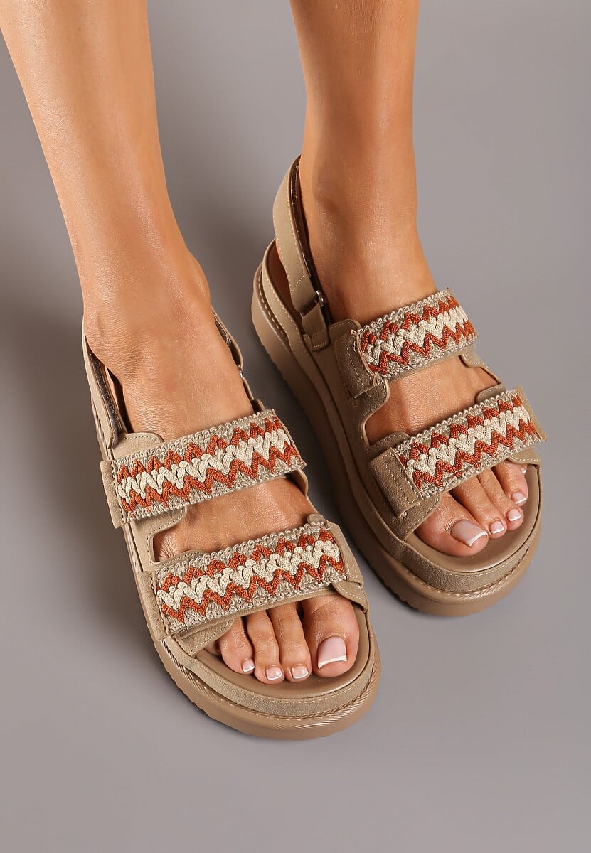 Ciemnobeżowe Sandały na Platformie Zapinane na Rzepy Nleira