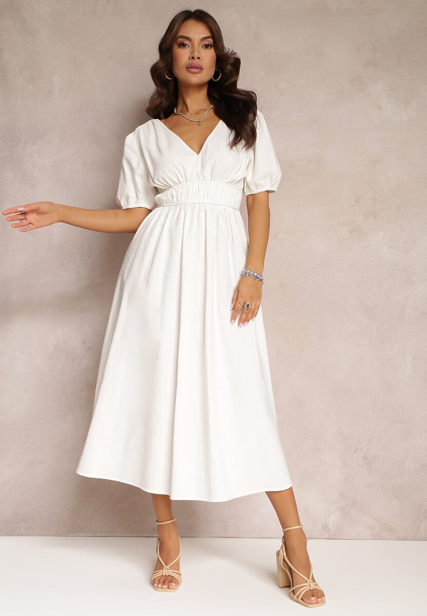Biała Sukienka Midi z Gumką w Talii ze Skrzyżowanymi Paskami na Plecach Jorlyn