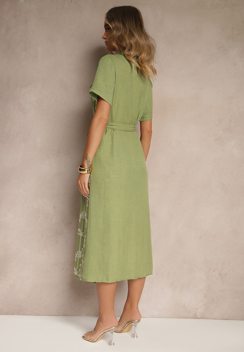 Zielona Koszulowa Sukienka z Wiązanym Paskiem Zdobiona Haftem Malinnessa