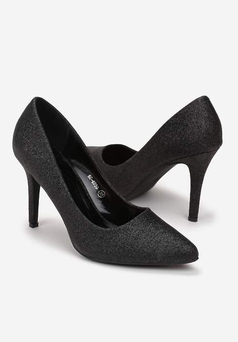 Czarne Szpilki ze Szpiczastym Noskiem Brokatowe Zimosa