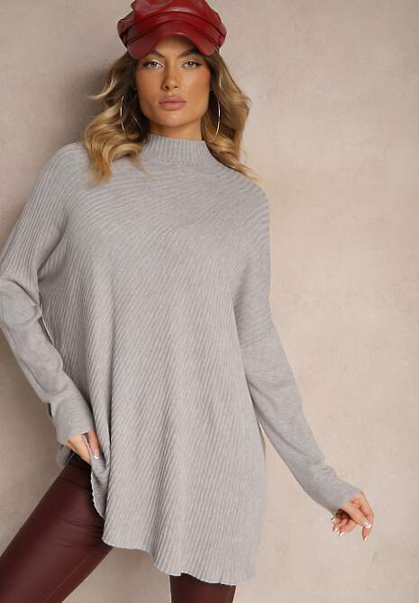 Jasnoszary Asymetryczny Golf z Wiskozą z Rękawami o Nietoperzowym Kroju Realeen