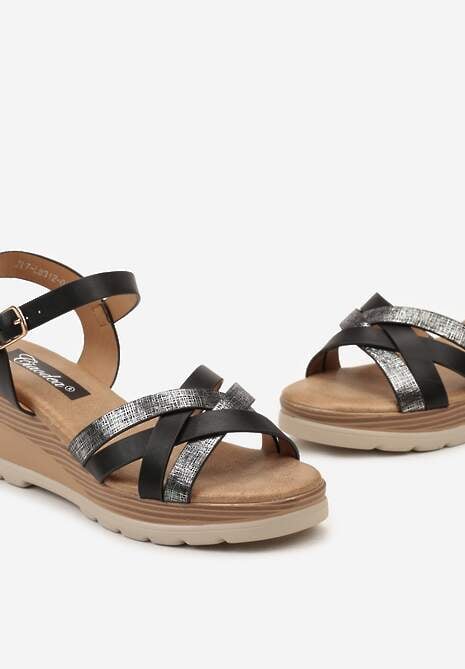 Czarne Sandały Zapinane wokół Kostki na Koturnie z Ozdobną Metaliczną Nicią Idrasca