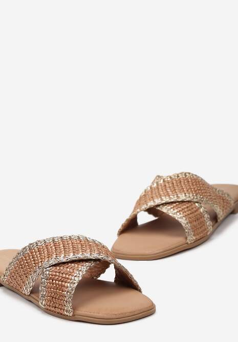 Brązowe Ozdobnie Plecione Klapki na Płaskiej Podeszwie Neirika