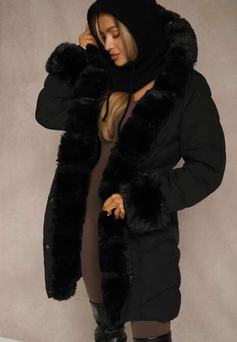 Czarna Kurtka z Pikowanymi Przeszyciami Mocno Ocieplana z Paskiem i Odpinanym Futerkiem Hedista