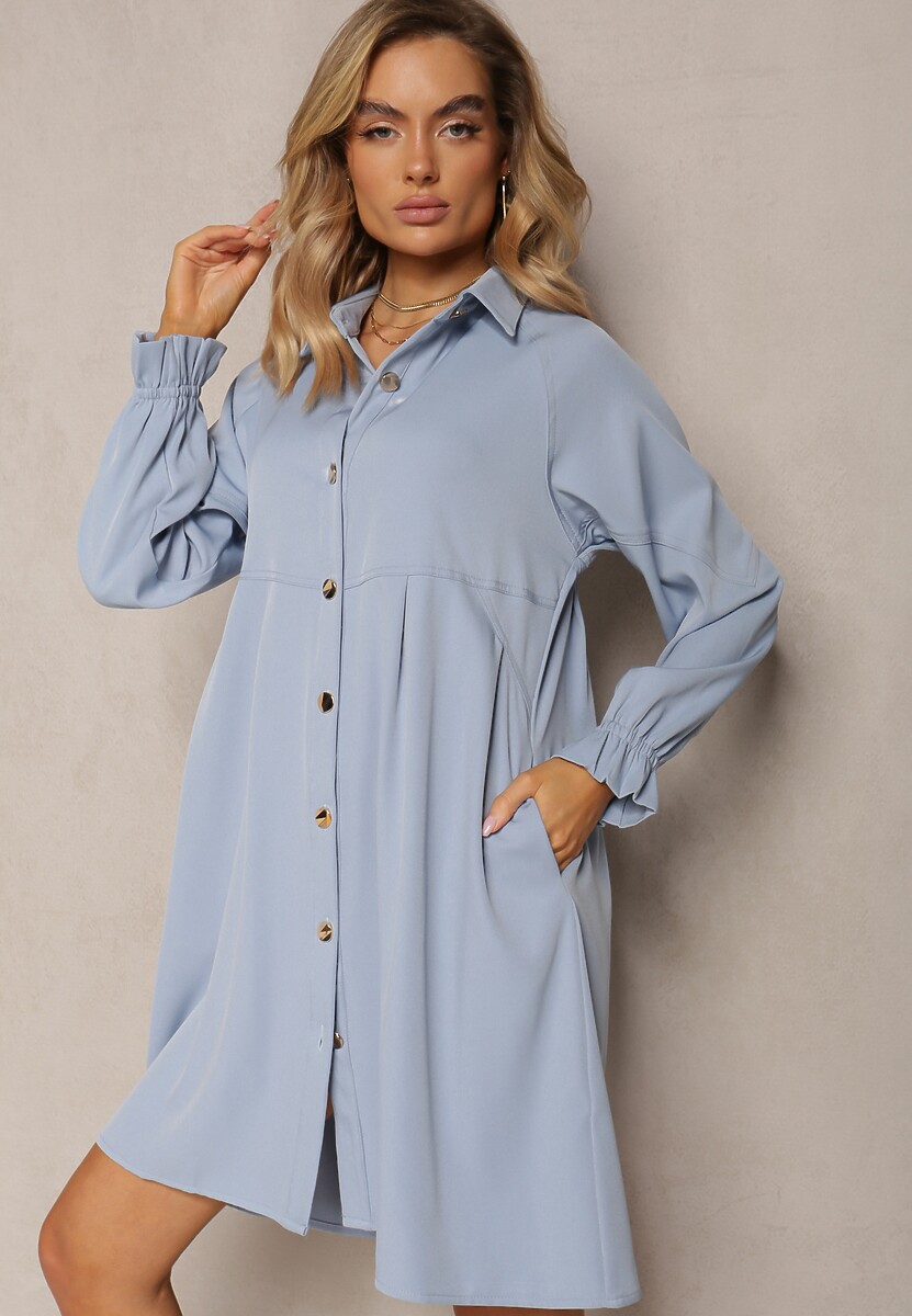 Niebieska Rozkloszowana Sukienka Koszulowa Mini Nofexi