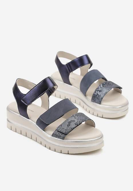Granatowe Sandały na Niskiej Tłoczonej Platformie z Metalicznym Wykończeniem Weonea