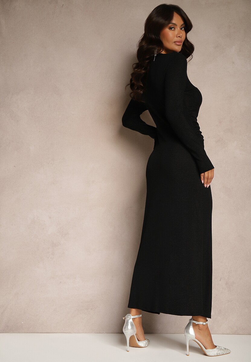 Czarna Koktajlowa Sukienka z Wiskozą Supłem i Metaliczną Nitką Ninnorae