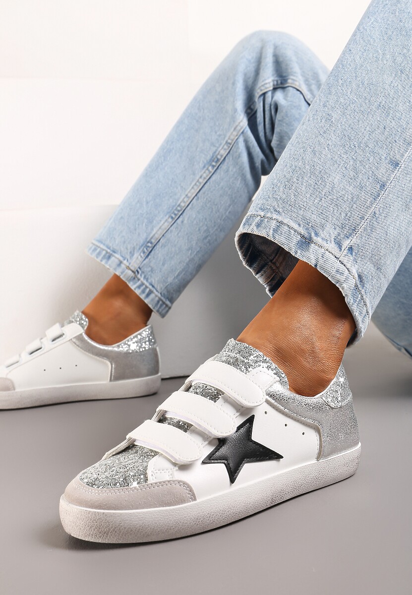 Srebrno-Białe Sneakersy Ozdobione Brokatem z Rzepami Dolanda