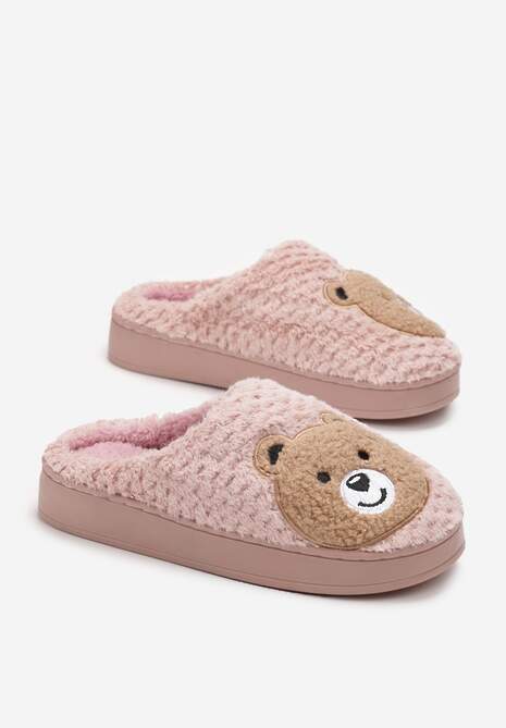 Różowe Ocieplone Kapcie z Naszywką w Kształcie Uroczego Misia Garana
