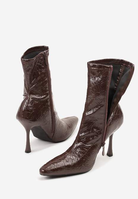 Brązowe Tłoczone Botki do Kostki Vices na Szpilce w Eleganckim Stylu Tadvire