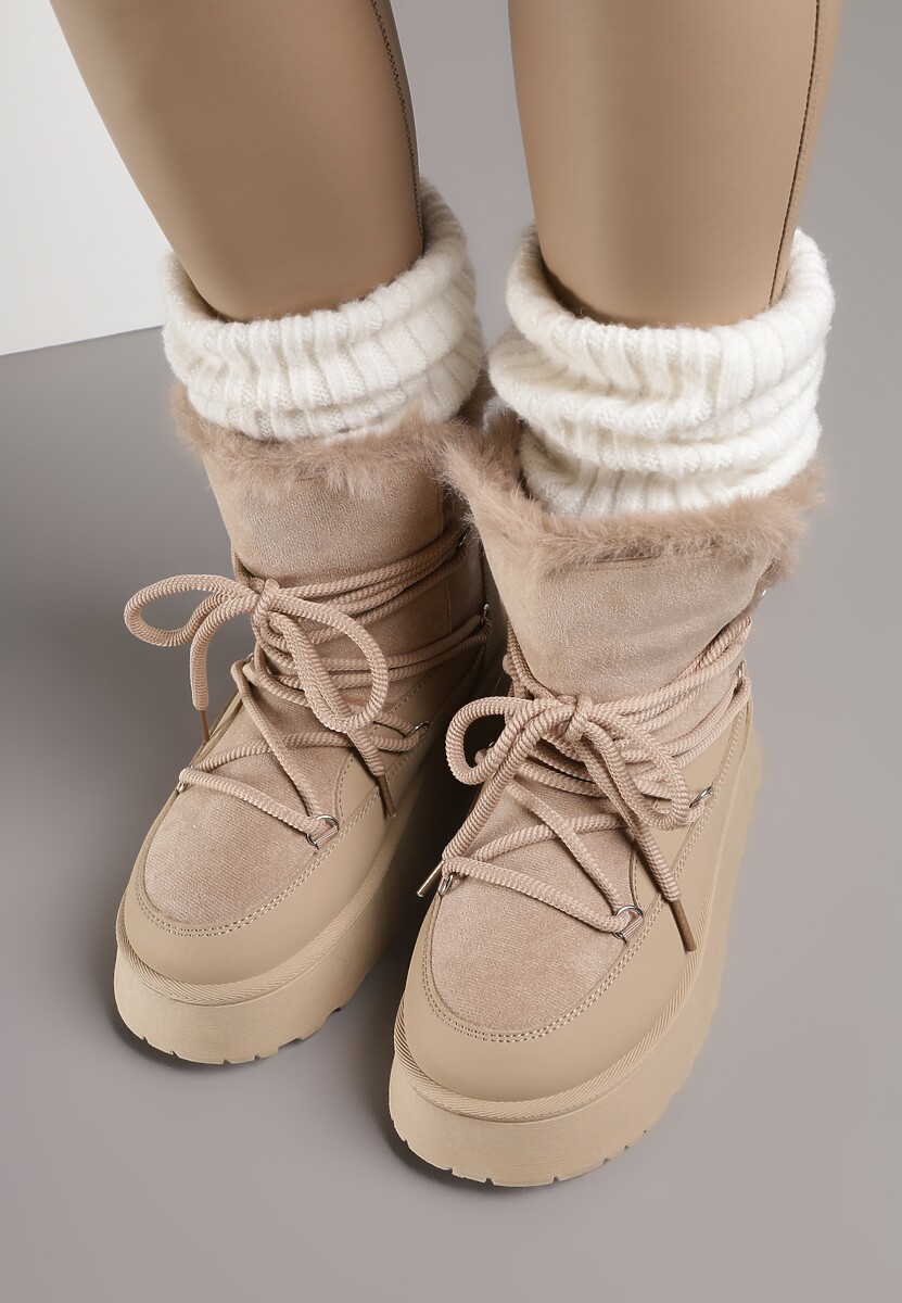 Ciemnobeżowe Śniegowce na Platformie Ozdobione Futerkiem Anwedea