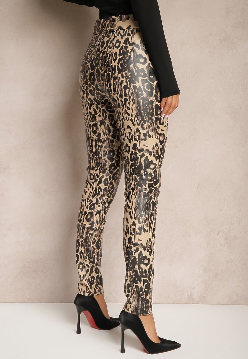 Beżowo-Czarne Spodnie w Panterkę High Waist z Ekoskóry z Ozdobnym Suwakiem i Ociepleniem Ilanilith