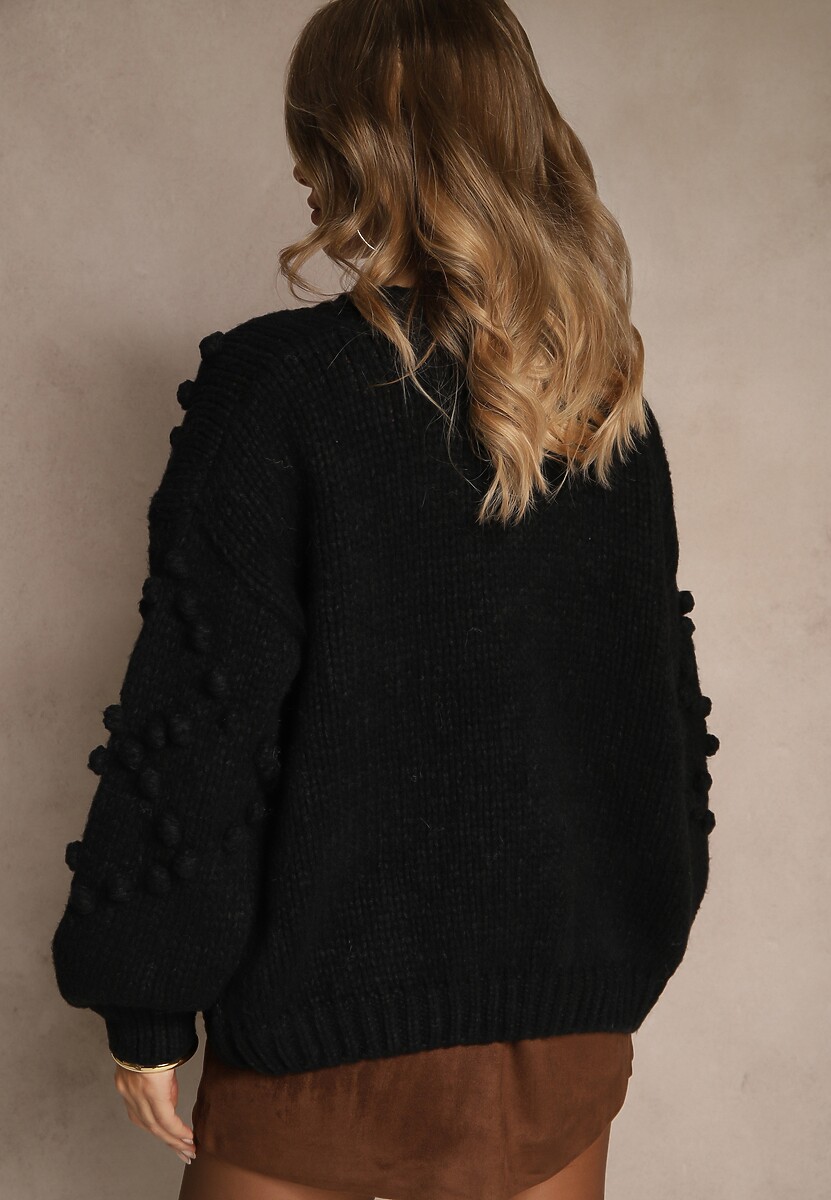 Czarny Niezapinany Kardigan z Ozdobnymi Pomponami Besinia