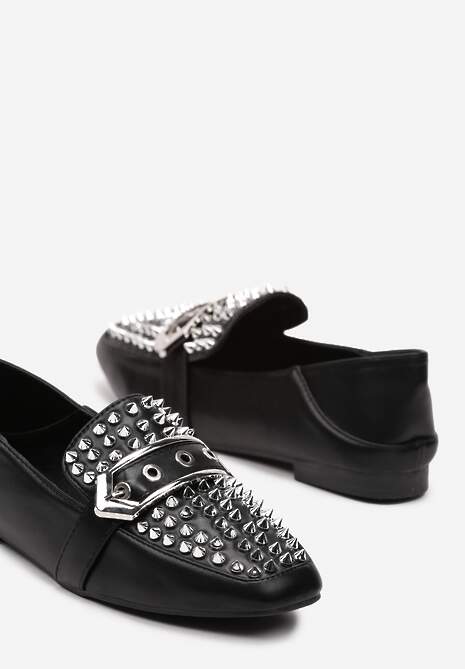 Czarne Płaskie Mokasyny Ozdobione Ćwiekami na Kwadratowym Nosku Rosagold