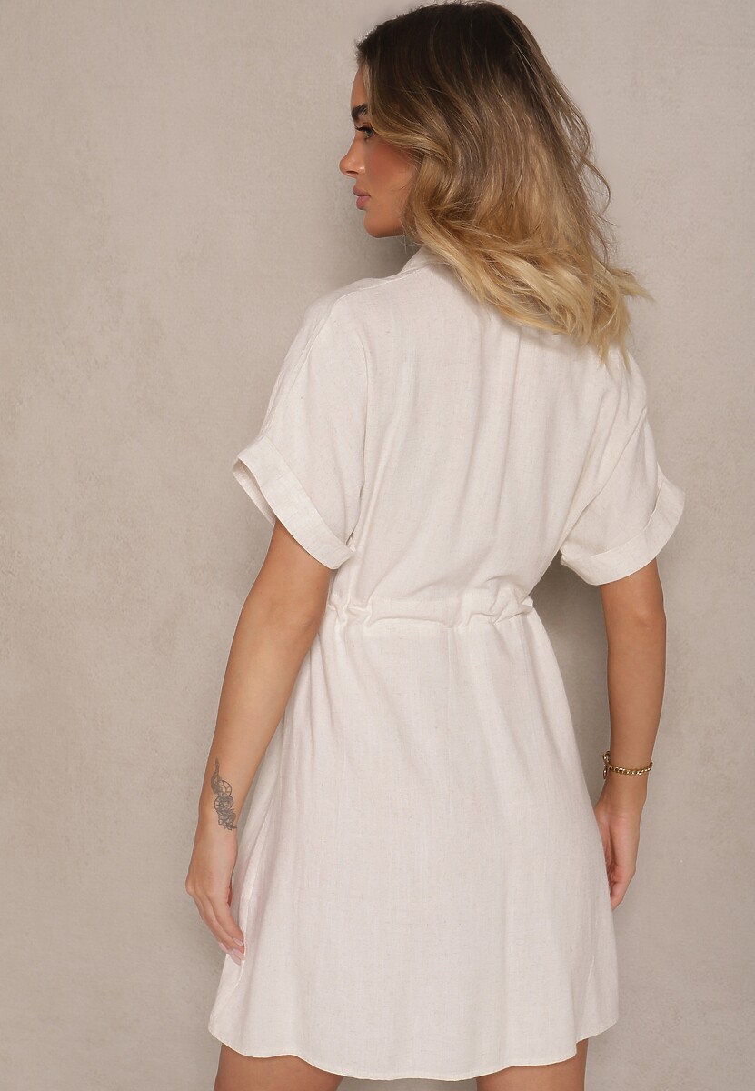 Niebiesko-Beżowa Koszulowa Sukienka z Bawełny Ozdobiona Sznurkiem i Haftami Ronara