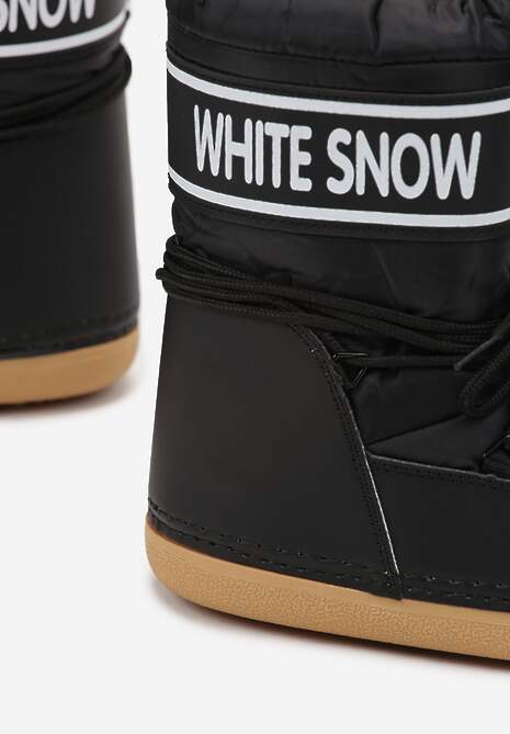 Czarne Ocieplone Śniegowce Wsuwane z Ozdobnym Napisem i Sznurowaniem Nalissa