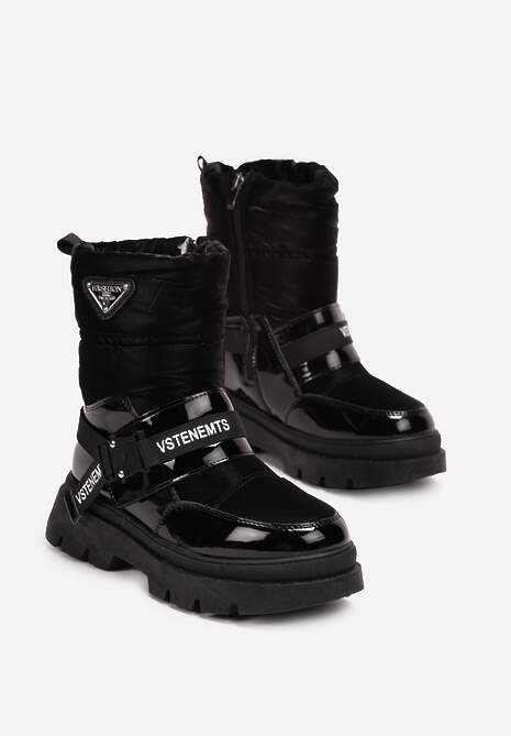 Czarne Śniegowce Lakierowane z Taśmami z Napisami Ermanno