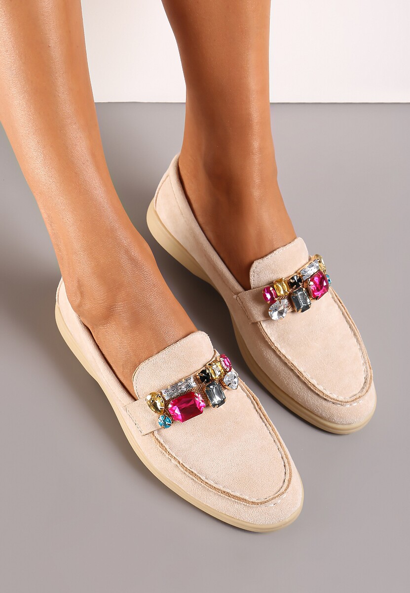 Beżowe Mokasyny w Cyrkonie i Wkładką ze Skóry Naturalnej Werisa