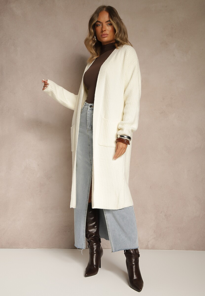 Jasnobeżowy Długi Kardigan Niezapinany z Bawełną Ferrive