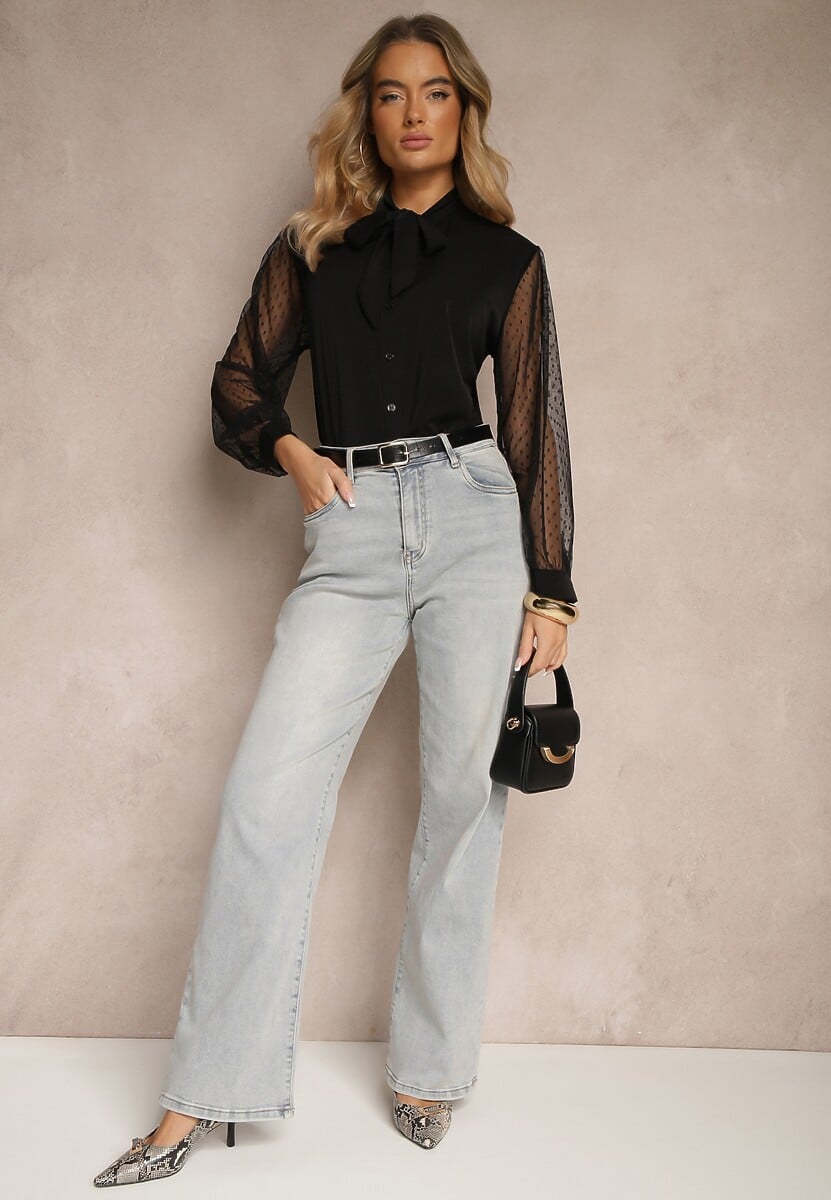 Czarna Koszula Ozdobiona Wiązaniem i Transparentnymi Rękawami Aennora