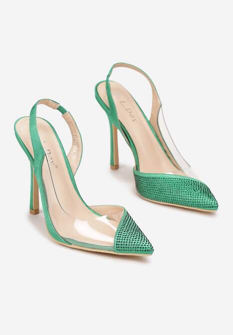 Zielone Sandały na Szpilce z Transparentną Wstawką i Cyrkoniami Middi