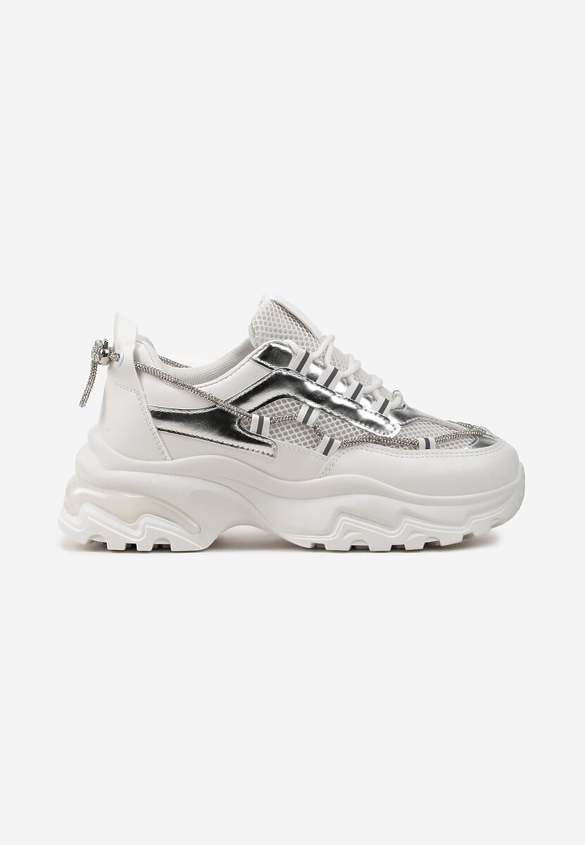 Białe Sneakersy z Ozdobnym Sznurkiem i Cyrkoniami na Grubej Podeszwie Fionalee