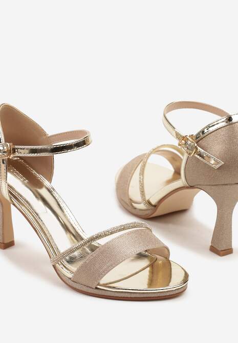 Złote Sandały na Szpilce Vices Ozdobione Cyrkoniami i Brokatem Lenallis