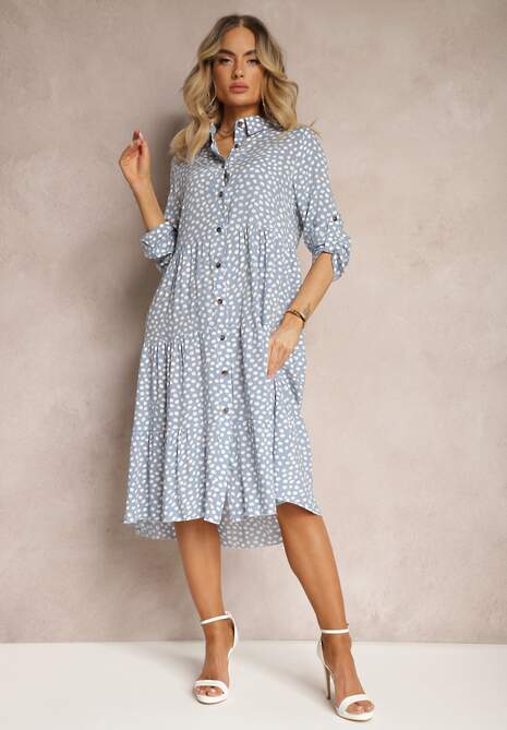 Jasnoniebieska Bawełniana Sukienka Koszulowa w Kropki Wexnella