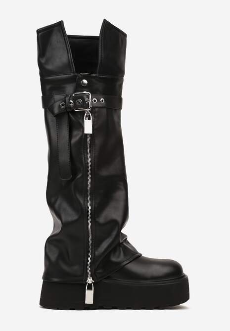 Czarne Kozaki w Stylu Grunge na Grubej Podeszwie z Wywijaną Cholewką Olentie