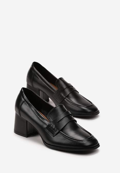 Czarne Półbuty na Niskim Słupku z Ozdobnym Paskiem i Kwadratowym Noskiem Porride