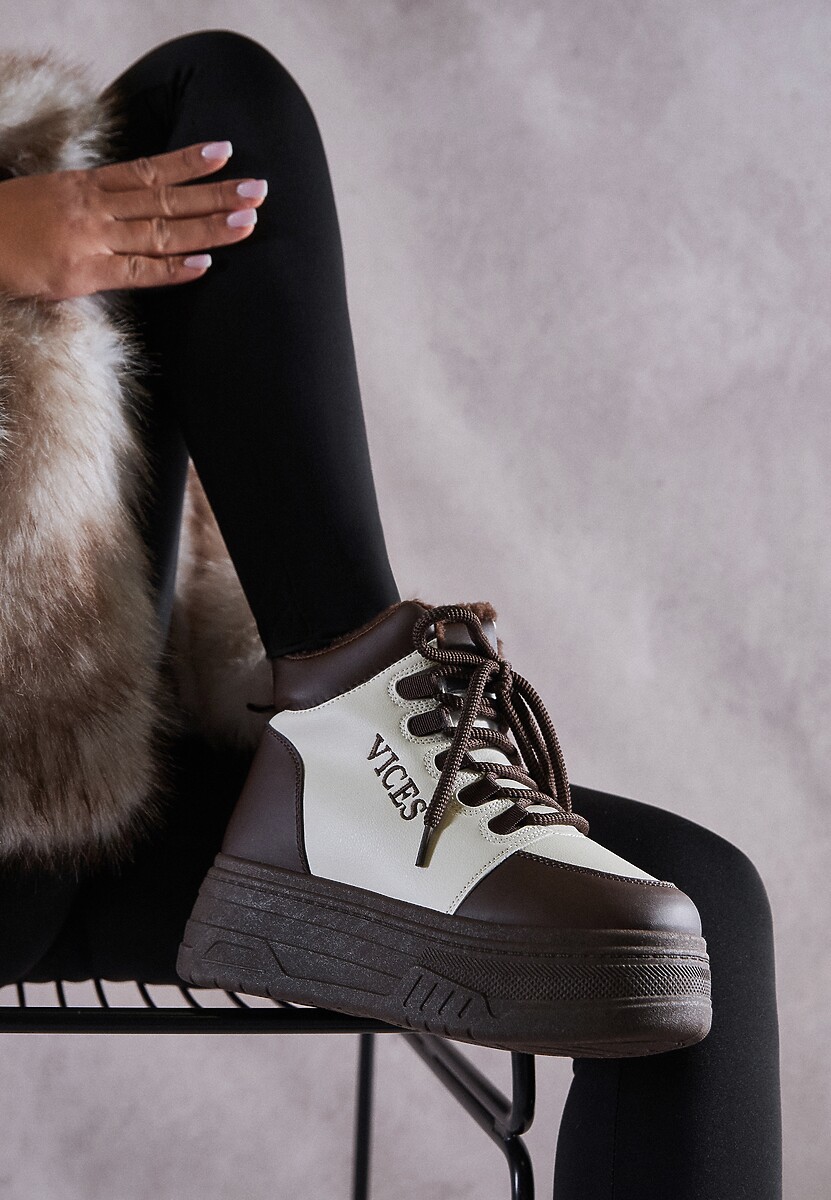 Czarno-Brązowe Sneakersy Śniegowce Vices na Tłoczonej Platformie z Napisem Olinnea