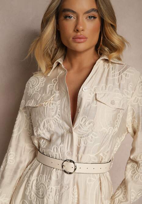 Beżowa Wiskozowa Rozkloszowana Sukienka Koszulowa z Bawełną i Paskiem Odivoria