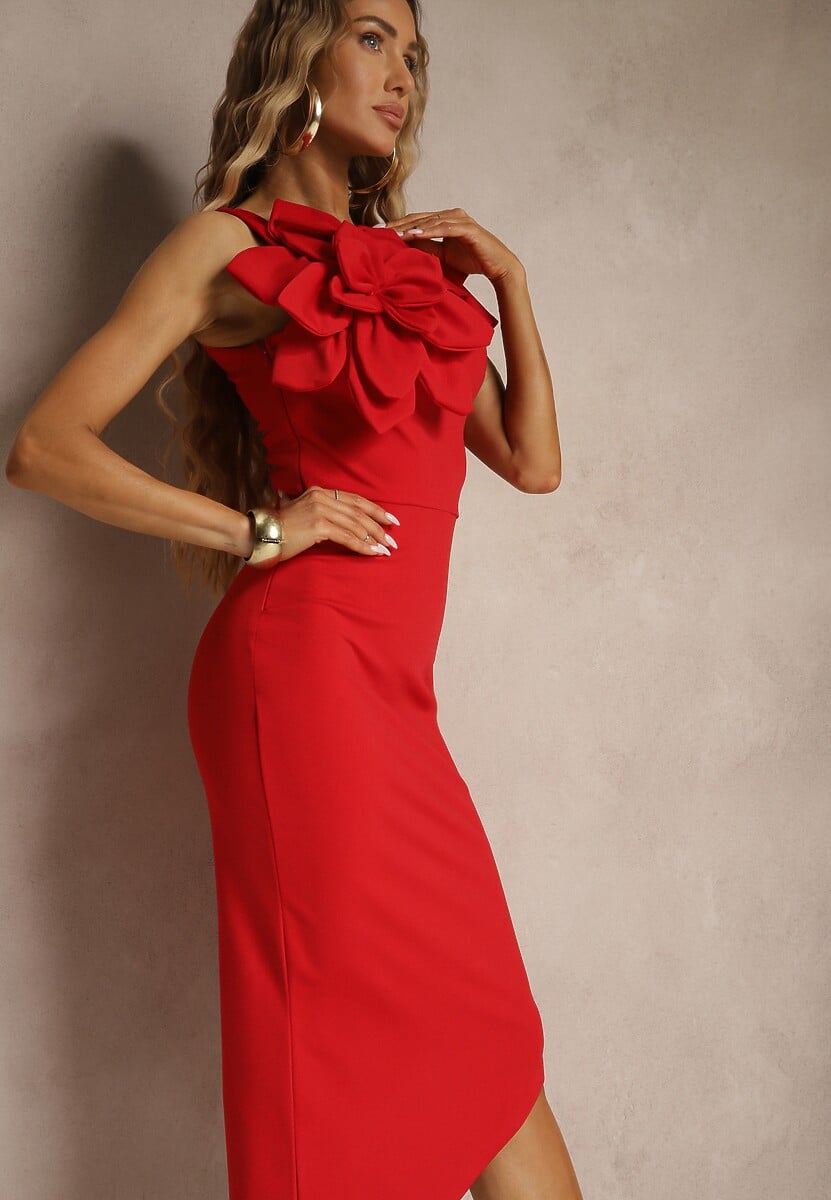 Czerwona Koktajlowa Asymetryczna Sukienka Vices z Kwiatem 3D i Falbankami Tolelira