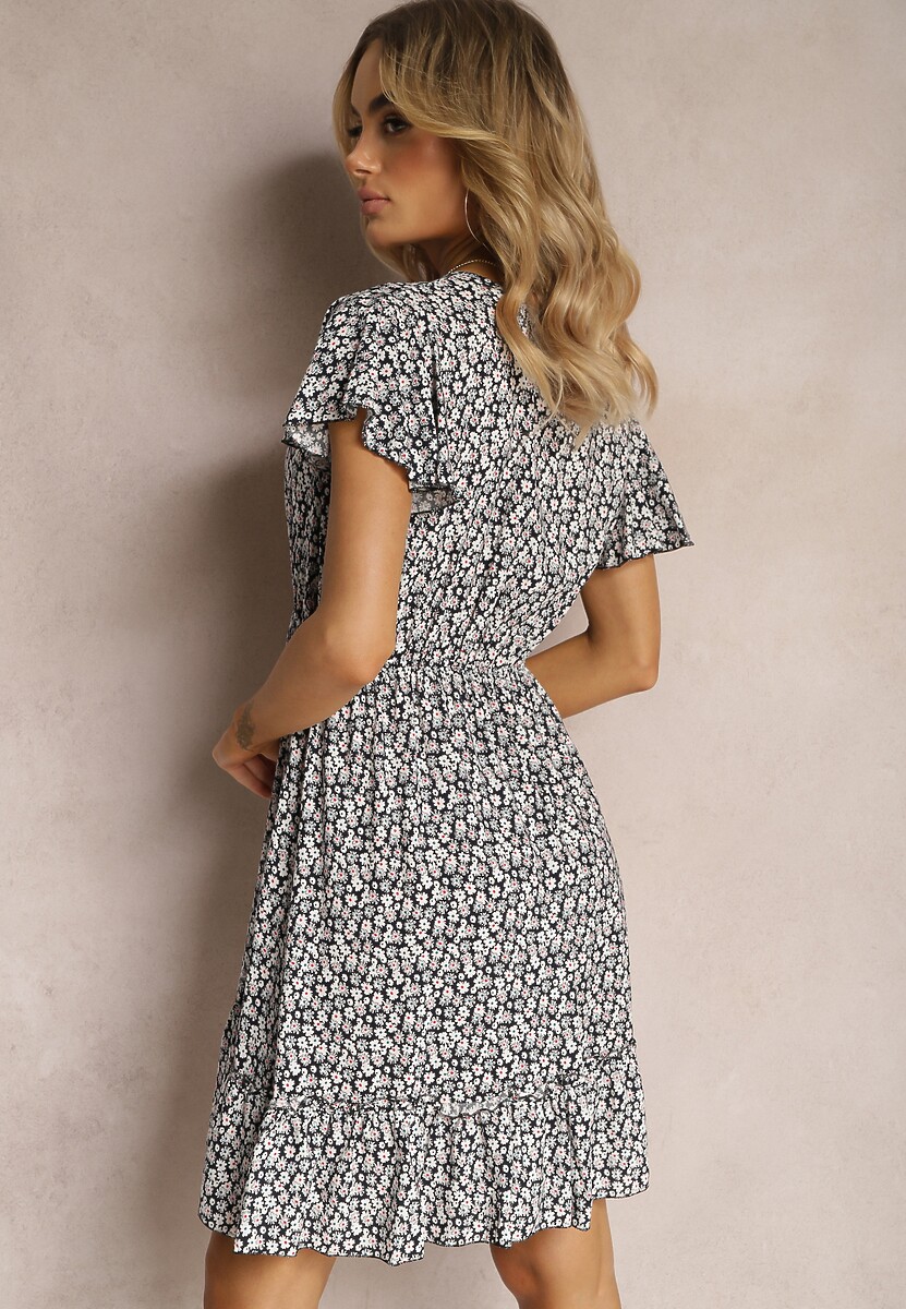 Czarno-Biała Sukienka z Bawełny w Kwiatki z Elastyczną Gumką w Pasie i Krótkimi Rękawami Nahone