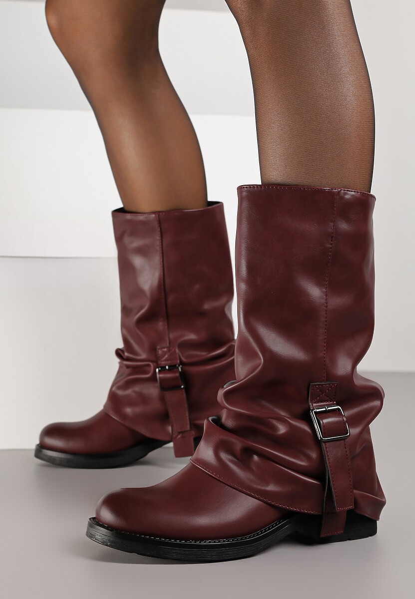 Bordowe Botki Bikery z Wywiniętą Cholewką z Marszczeniem i Klamrą Fenilea