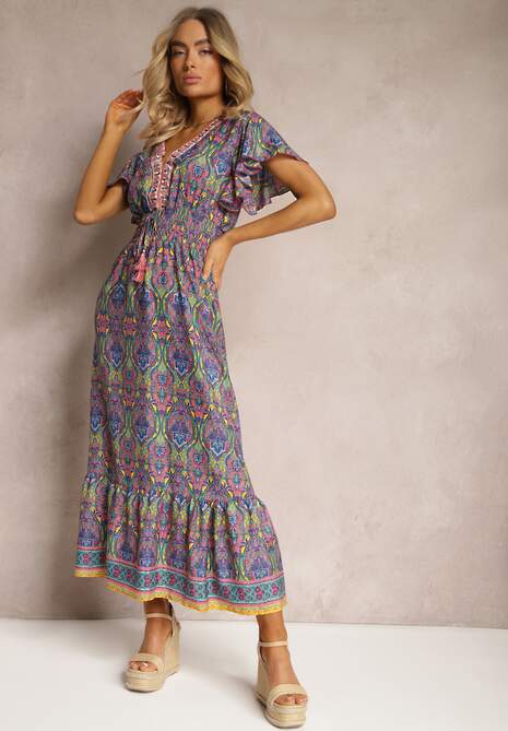 Różowo-Niebieska Rozkloszowana Sukienka w Etniczny Wzór z Krótkim Rękawem i Gumką w Pasie Zorisa